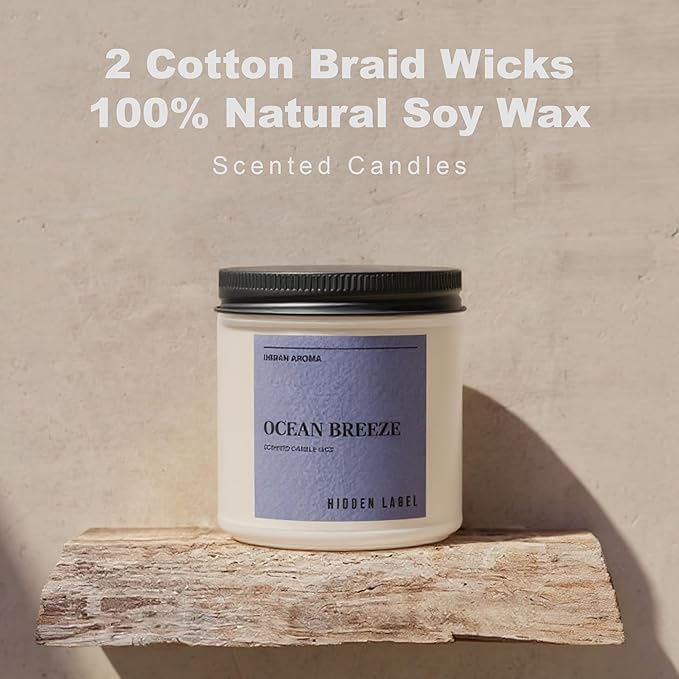 Hidden Label Ocean Breeze Scented Candle, 12oz 2 Wick Natural Soy Non Toxic Candles, Clean Burning Long Lasting Aromatherapy for Home | Gifts | Décor,Premium Scents for Relaxation & Stress Relief