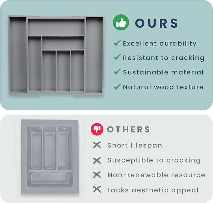 Sben Expandable Drawer Organizer for Utensils Holder, Adjustable Cutlery Tray, 6-8 Slots, Premium Wood Drawer Dividers Organizer for Silverware, Flatware, Knives for Kitchen (Gray)