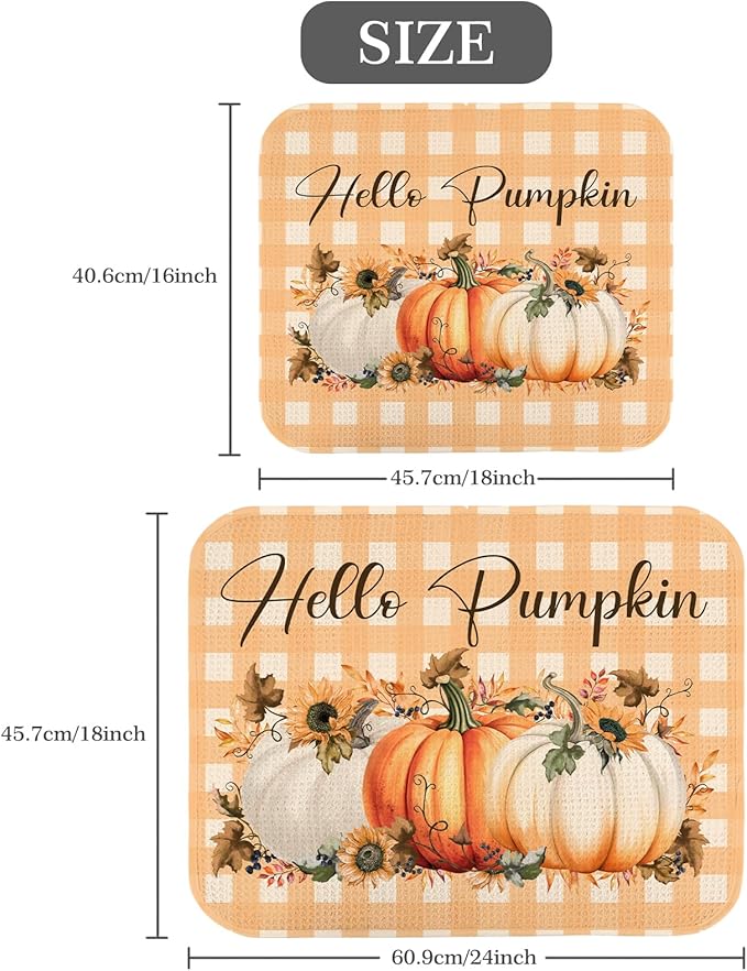 Quick Absorbent Kitchen Drying Mat - Stylish Patterns Fall Dish Drying Mat- 16×18 Inch & 18×24 Inch Pumpkin Kitchen Drainer Mat for Countertops, Dishes & Glassware
