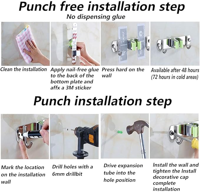 DGSL 4 PCS Broom Holder Wall Mount with 3 Racks 4 Hooks, Stainless Steel Wall Mounted Organizer Mop and Broom Storage Tool Rack for Home Kitchen Garden