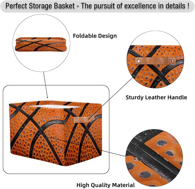 Basketball Storage Basket for Shelves, Storage Bins with Handles, Collapsible Basket for Organizing, Closet Toy Baskets for Nursery Room, 15x11x9.5 in, Canvas, Sports Bsketball Lace