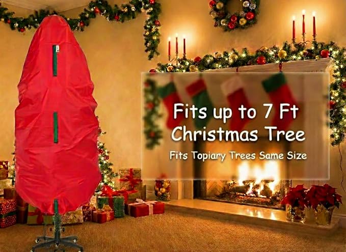Upright Christmas Tree Storage Bag - Fits 7 Ft Artificial Xmas & Topiary Tree, Vertical Holiday Cover, Durable, Dustproof & Easy-Use Xmas Storage, Red