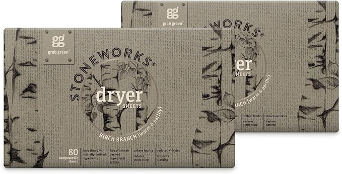 Grab Green Stoneworks Cruelty-Free Dryer Sheets | Softens Fabrics, Freshens Clothing & Reduces Static-Cling and Wrinkles | Plant Based | Birch Branch Scent (160 Sheets)