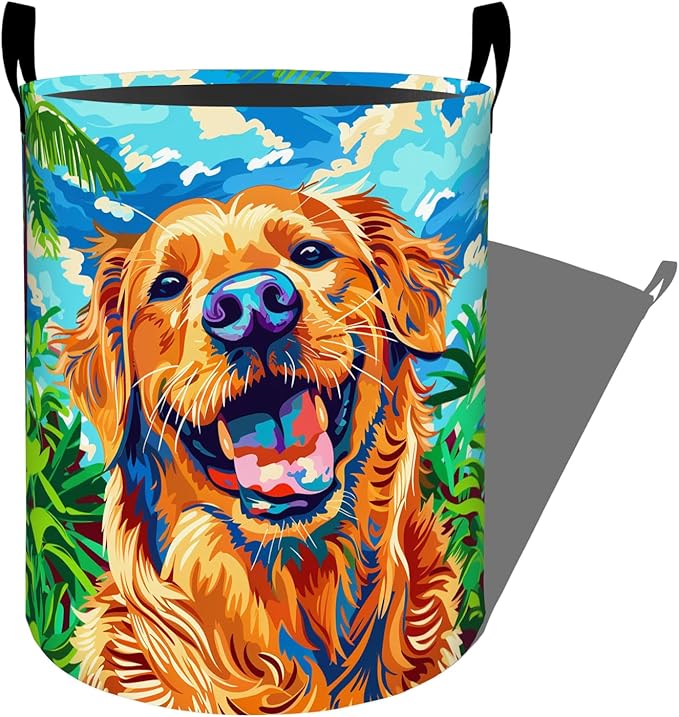 Vibrant Happy Golden Retriever Portrait Laundry Basket with Handles, 19.7"x15.7" Clothes Foldable Laundry Hamper Organizer for Dorm Nursery Bedroom Bathroom Decor, Toy Storage Bin for Kids