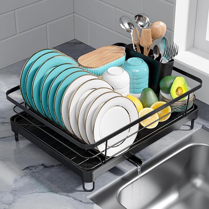 Sakugi Stainless Steel Dish Drying Rack for Kitchen Counter, Sink Organization and Storage Essentials with Silverware & Utensil Holder, Home and Apartment Decor, 12.5''W x 16.5'L, Black