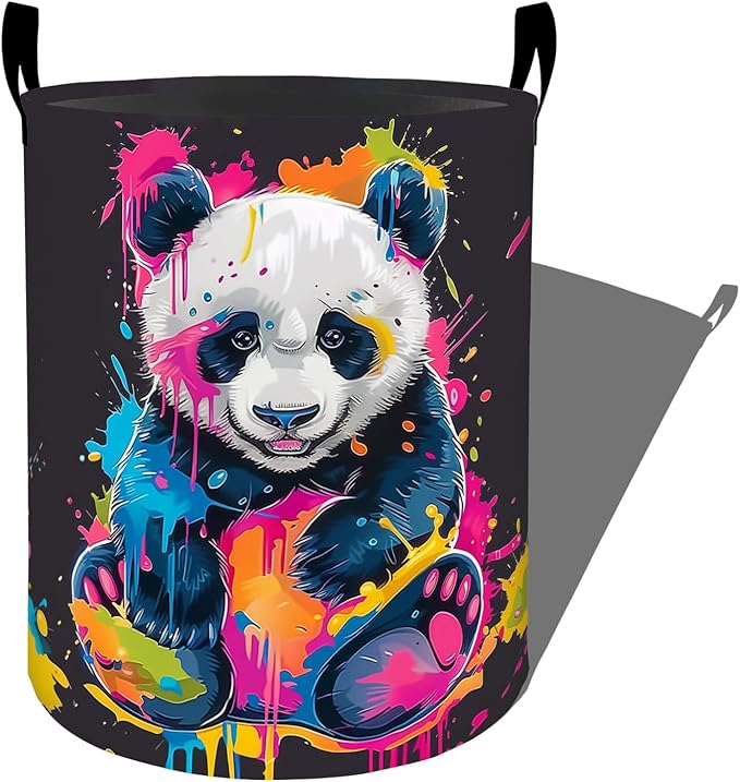 Colorful Graffiti Panda Splash Laundry Basket with Handles, 19.7"x15.7" Clothes Foldable Laundry Hamper Organizer for Dorm Nursery Bedroom Bathroom Decor, Toy Storage Bin for Kids