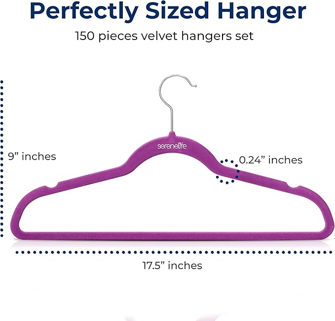 SereneLife 150 Pack Velvet Hangers - Non-Slip with 360° Swivel Hook - Ultra-Thin, Lightweight, Space-Saving, Felt Hangers for Shirts, Sweaters, Hoodies, Kids Clothes & Dresses