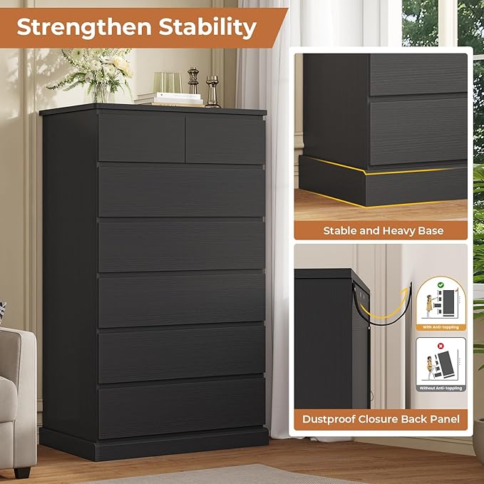 DICTAC Black Tall Dresser for Bedroom with 7 Drawers, 51.8" Tall Dressers & Chests of Drawers, Modern Wood Closet Organizer and Storage Cabinet, Large Vertical Dresser for Bedroom, Closet, Hallway