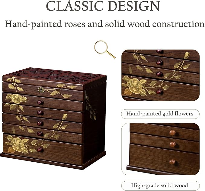 Hand-painted rose Wooden Jewelry Box, 7 Layer Jewelry Organizer, Vintage Wooden Jewelry Boxes for Women,jewelry holder organizer,5 drawer dresser,necklace organizer box with lock