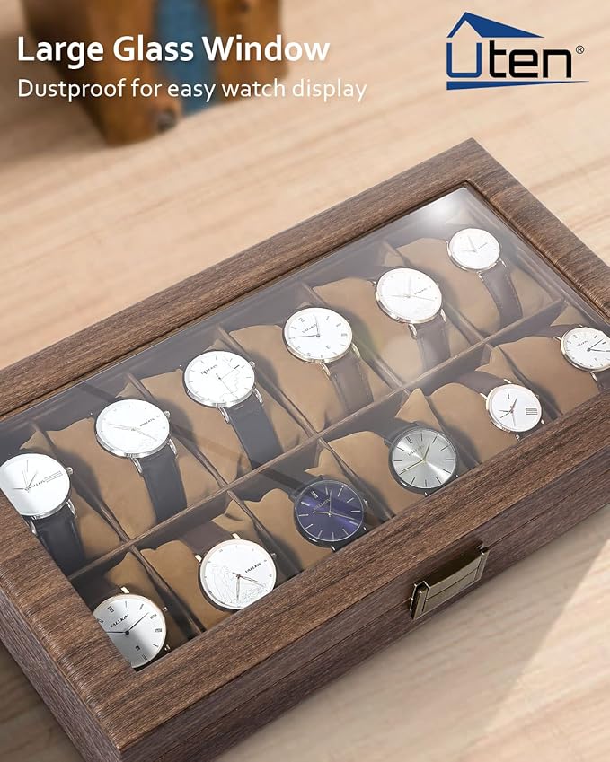 Uten Watch Box 12 Slots, Watch Case Organizer with Real Glass Lid, Wood Grain PU Leather Watch Display Storage Box with Removable Imitation Suede Watch Pillows, Metal Clasp