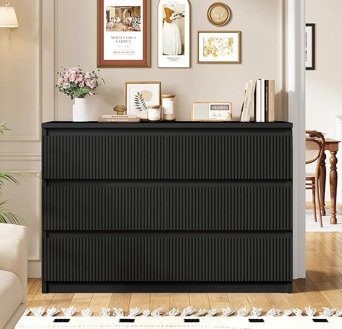 6 Drawer Dresser Black Modern Fluted Tall Wooden Chest Double Dresser for Bedroom, Living Room, Closet