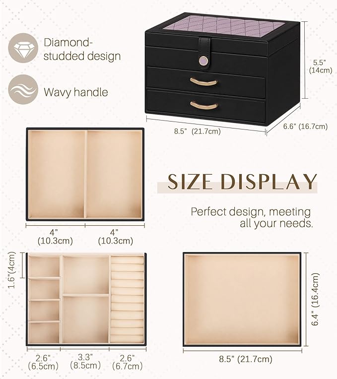 Black Jewelry Box Organizer: Home Decor for Women - 2-Drawer Holder for Valentine’s Day Birthday Gift Black Grey-Purple