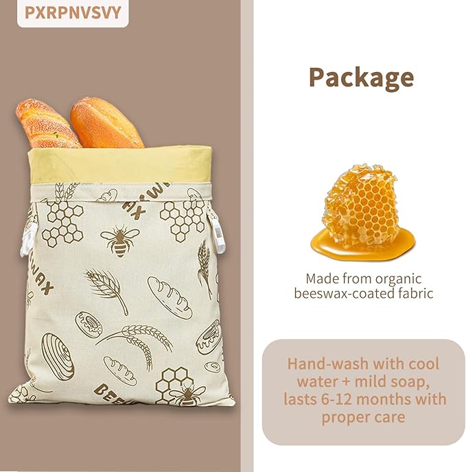 2-PACK Beeswax Bread Bag - Reusable Food Wrapor Homemade Sourdough Loaf,to Keep Fresh Fridge-Safe Beeswax Perfect for Cheese, Fruits Washable & Sustainable Alternative to Plastic