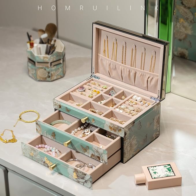 High End Glass Jewelry Box - 3 Layer Jewelry Organizer - Velvet-Lined Case For Ring, Necklace, Earring, Bracelet Storage - Green Floral and Bird - Valentine's Day Gifts For Women