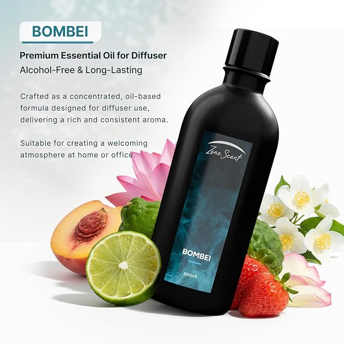 BOMBEI Luxury Essential Oil for Diffusers - Fruity Floral Aromatherapy with Peach, Jasmine & Musk - Elegant Scent for a Sophisticated Home