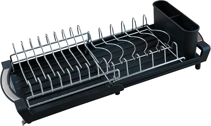 PINCHENG Dish Drying Rack Compact Expandable Double-Decker: Stainless, Rust-Proof, fits Kitchens/Apartments, extends 11.42"-19.9" (Black).