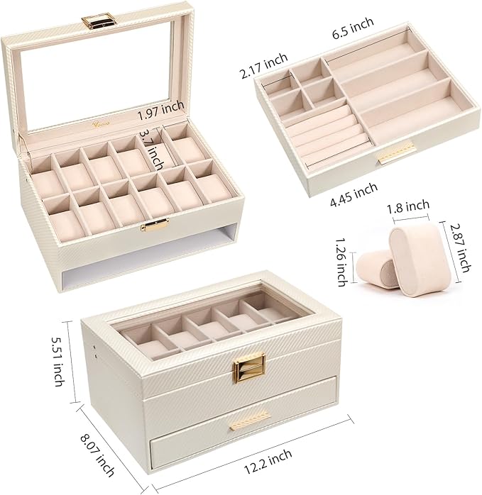 Voova Jewelry Box Watch Boxes Organizer for Men Women, 2 Layer Large 12 Slot PU Leather Watch Storage Case, Glass Top Jewelry Display Holder for Watches Sunglasses Rings Necklaces Bracelets,Apricot