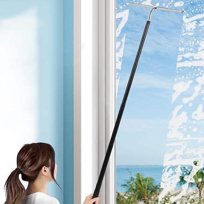 Toncoke Window Squeegee for Home, 2 in 1 Window Washing kit with Extension Pole Long Handle Squeegee for Shower Glass Floor Tile Wall Car Windshield, 12 inch Wide, Black