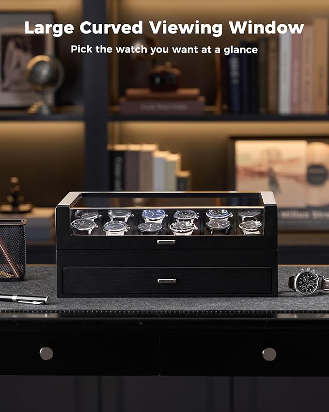 ProCase Wooden Watch Box for Men, Wood Watch Display Case Men's Jewelry Organizer Box with Drawer -12 Slot, Black