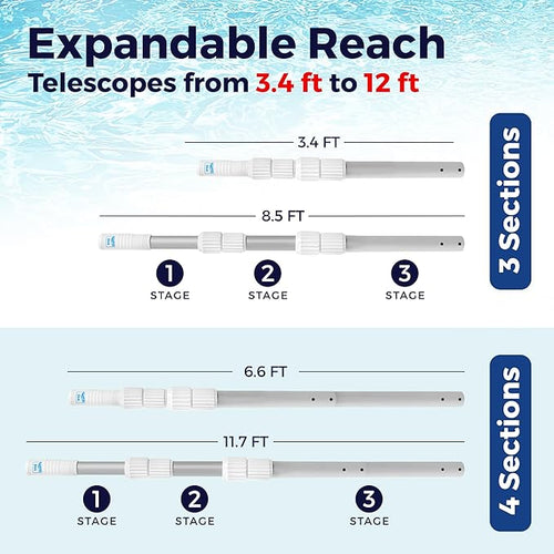440 Telescopic Pool Pole 12ft - Heavy Duty Aluminum, Telescoping Pool Skimmer Pole for Leaf Rake, Net, Brush, Vacuum Head - Adjustable Handle Stick for Standard Attachments, Cleaning Swimming Pools