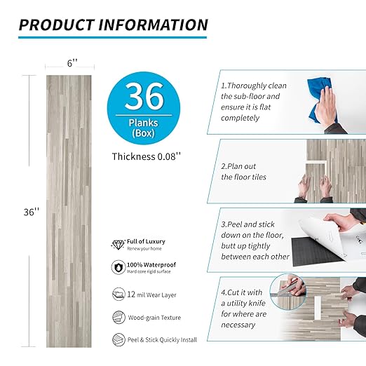 Art3d Peel and Stick Floor Tile Vinyl Wood Plank 36-Pack 54 Sq.Ft, Dusty Grey, Rigid Surface Hard Core Easy DIY Self-Adhesive Flooring