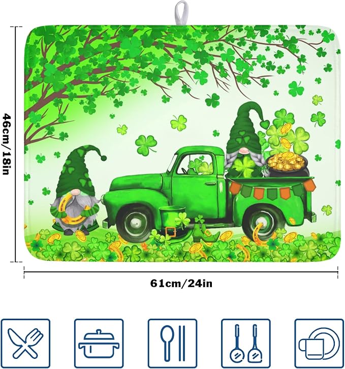Kwlegh St Patrick's Day Shamrock Dish Drying Mat for Kitchen Counter Green Gnome Truck Dish Dry Mat St Patrick Spring Drying Mats Microfiber Absorbent Dish Drainer Rack Mat Large 18x24 Inch