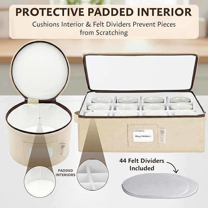 China Storage Hard Shell Containers 5-Piece Set Moving Boxes for Dinnerware, Glasses, Plates, Mugs and Saucers Sturdy Dish Organizer with Dividers for Seasonal Storage - Service for 12 - Beige