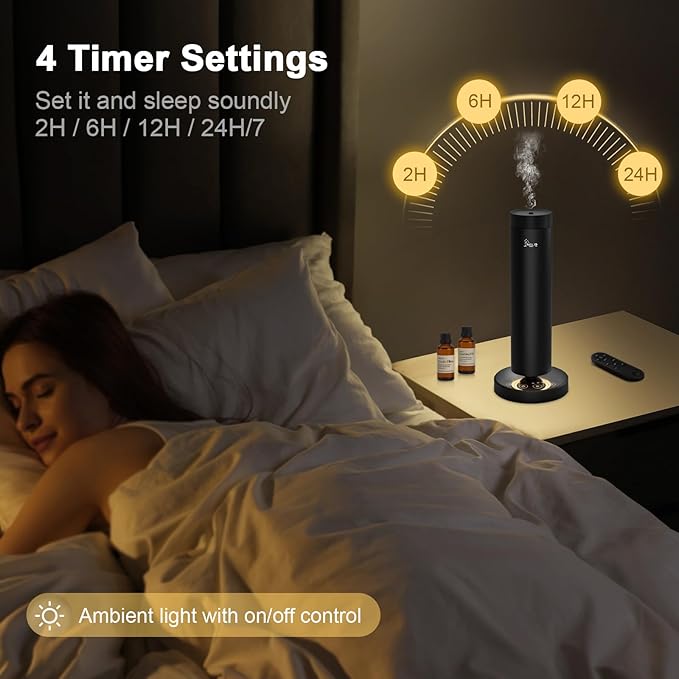 Waterless Diffuser,1500 Sq Ft,Ring Ambient Light,Rechargeable Wireless, Aluminum,Remote Control&Touch Buttons,Adjustable Fragrance Intensity&Timer,Hotel Collection Scent Machine - Satin Black