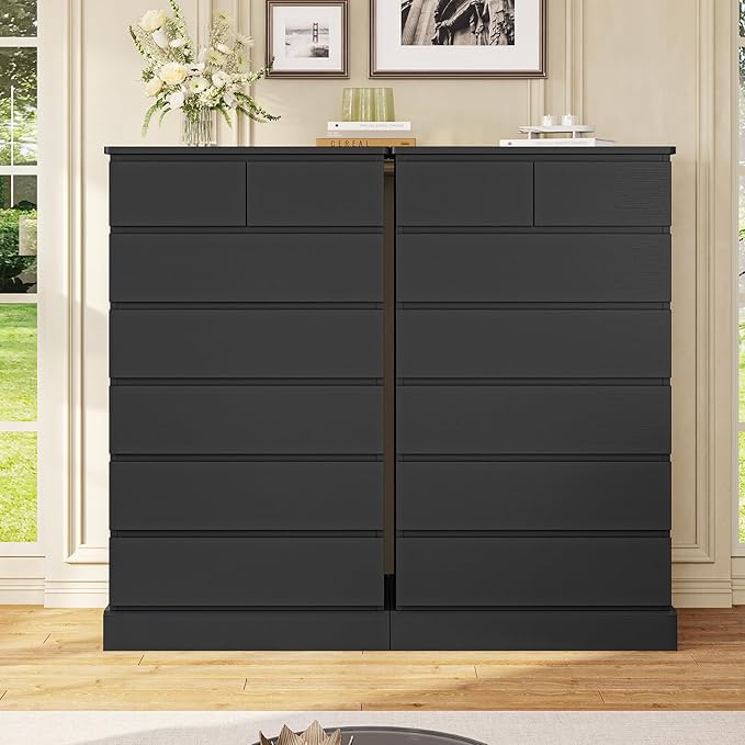 DICTAC Black Tall Dresser for Bedroom with 7 Drawers, 51.8" Tall Dressers & Chests of Drawers, Modern Wood Closet Organizer and Storage Cabinet, Large Vertical Dresser for Bedroom, Closet, Hallway