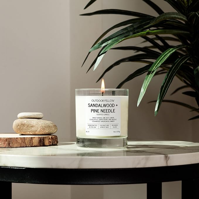Outdoor Fellow Sandalwood + Pine Needle Scented Candle, 8oz, Coconut & Apricot Wax Blend, Sandalwood, Pine Needle, Eucalyptus, Reusable Glass, 40-50 Hour Burn Time