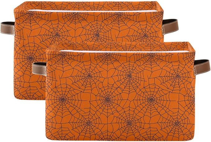 ALAZA Spider Web Orange Cute Halloween Foldable Storage Box Storage Basket Organizer Bins with Handles for Shelf Closet Living Room Bedroom Home Office 2 Pack