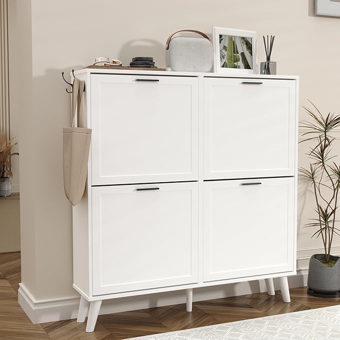 White Large Shoe Cabinet fit up to Shoe Size 16, Freestanding Shoe Organizer with 4 Flip Drawers, Narrow Wooden Shoe Rack for Entryway, Closet, Living Room