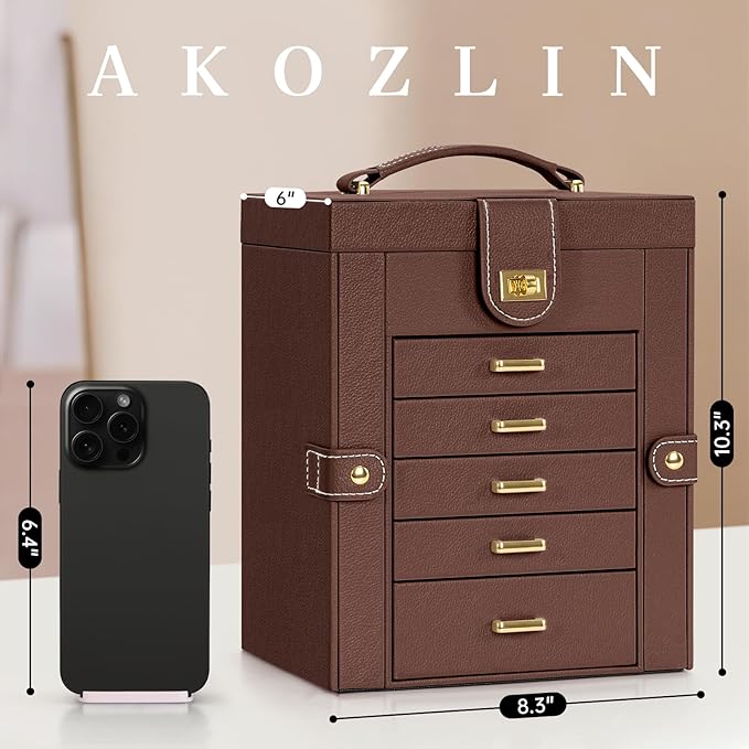 AKOZLIN Jewelry Box Organizer Functional Leather Jewelry Storage Case for Women Girls Ring Necklace Earring Bracelet Holder Organizer with Mirror Brown