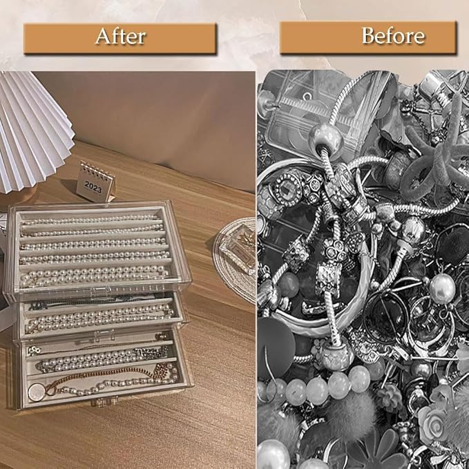3 Drawers Necklace Organizer Box, Tray with DIY Clear Lid, Dustproof Velvet Necklaces Holder Storage Display Case, Necklace Tray Drawer Insert for Pendant Suitable for Women and Girls (Beige)