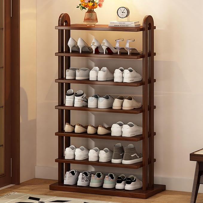 7 Tier Shoe Rack Solid Wood Shoe Organizer for Closet Free Standing Shoe Cabinet Shoe Storage Shelf for entryway, Closet and Doorway, Walnut