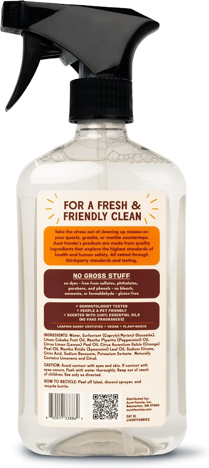 Aunt Fannie's Granite and Stone Cleaner, Plant Based Daily Countertop Spray for Granite, Stone, Marble, Soapstone, Quartz, Slate, Laminate, and other Sealed Surfaces, Bright Lemon Scent, Pack of 1