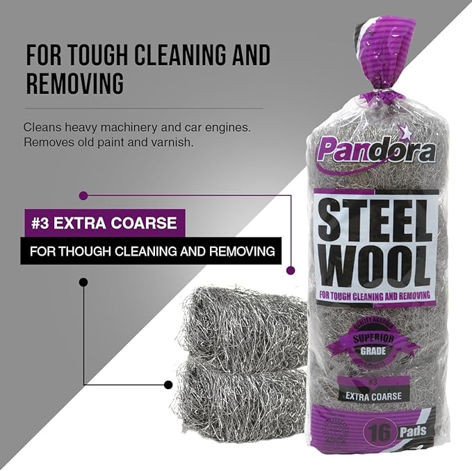 Pandora Steel Wool #3 – Extra Coarse Grade, 16 Pads for Tough Cleaning and Removing - Quality Metal Strands - Ideal to Remove Rust, Grime, and Stubborn Stains