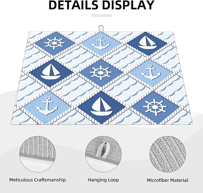 Vintage Nautical Sailboat Anchor Dish Drying Mat 18x24 For Kitchen Counter Absorbent Microfiber Dishes Pad Dish Drainer Rack Mats Fast Dry Kitchen Accessories