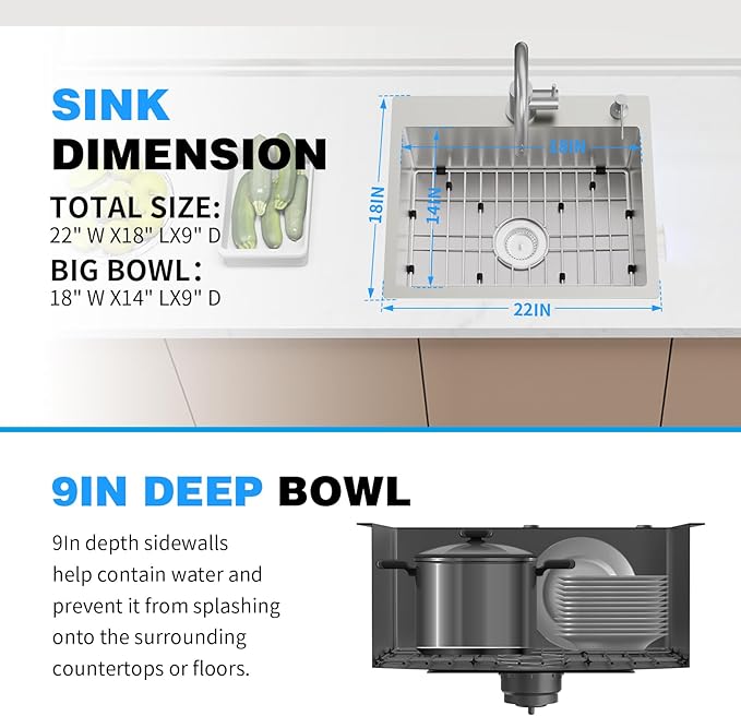 22x18 Inch Kitchen And Bar Sink - Stainless Steel Drop In Small Single Bowl Kitchen Sink With Bottom Grid,Soap Mat And Drain Assembly Set