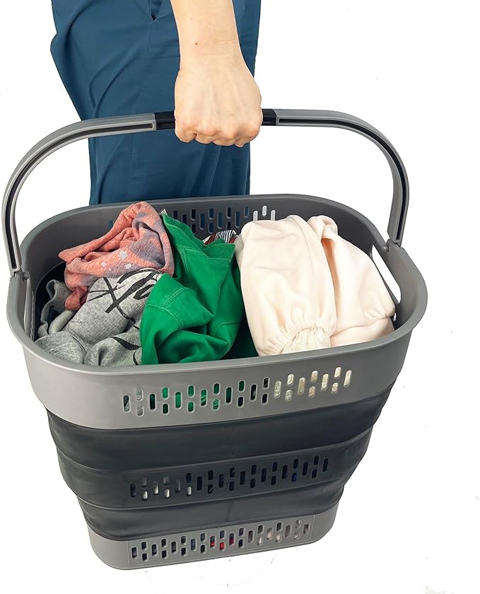 SAMMART 38L (10 Gallon) Collapsible Plastic Laundry Basket - Portable Pop-Up Storage Container/Organizer – Foldable Space Saving Laundry Hamper (2, Grey/Black)