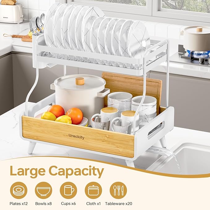 Urackify 2-Tier Dish Drying Rack – Large Capacity Dish Rack with Stainless Steel and Bamboo, Dish Drainers for Kitchen Counter, Drying Rack Kitchen with Utensil Holder and Drainboard, White