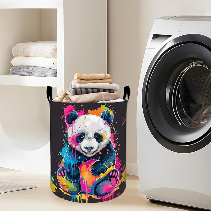 Colorful Graffiti Panda Splash Laundry Basket with Handles, 19.7"x15.7" Clothes Foldable Laundry Hamper Organizer for Dorm Nursery Bedroom Bathroom Decor, Toy Storage Bin for Kids