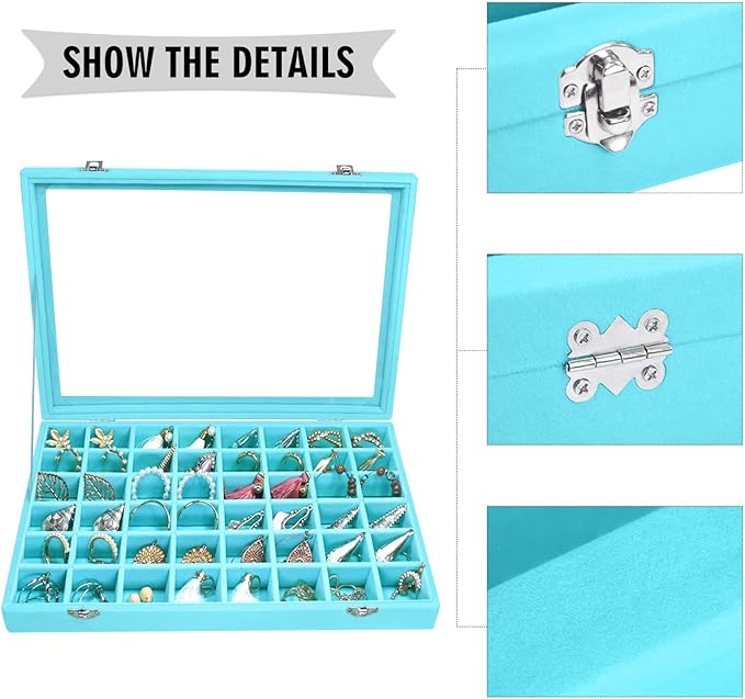Velvet Jewelry Tray 48 Grid Jewelry Display Tray Organizer Box with Transparent Lid Rings Earrings Necklaces Pendants Display Box Suitable for Women and Girls (Light Blue)