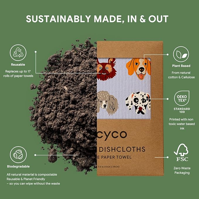 RECYCO Swedish Dishcloths for Kitchen | 5 Pack Pale Blue Washable Dish Rags | Cellulose Reusable Cleaning Paper Towels | Absorbent Counter Dish Cloth Sponge Kitchen Wipes, 8" L x 7" W