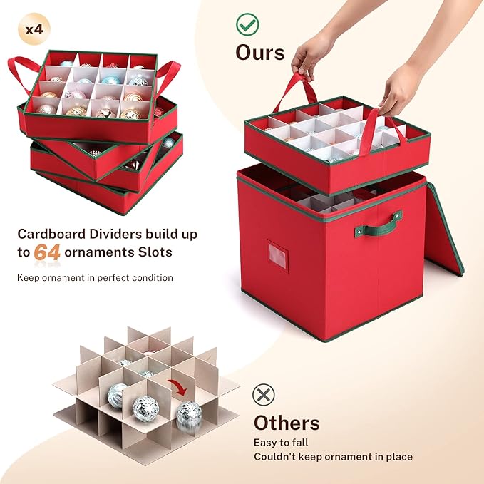 MaidMAX Christmas Ornament Storage Box Holiday Decoration Organizer, 64 Christmas Ball Accessories Holder with Adjustable Dividers, Zippered Closure, 4 Removable Trays, 600D Oxford, 12.9x12.9x13