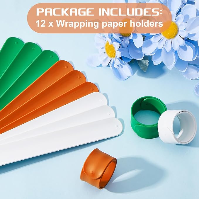 Charniol 12 Pieces Wrapping Paper Roll Holder Holiday Flip Wraps Silicone Covered Metal Strips Flip 1 x 9 Inch Stabilizer Slap Band for Poster Gift Paper Vinyl Storage Organize (Green,Orange,White)