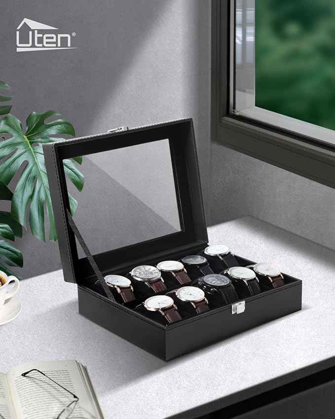 Uten Watch Box 10 Slots, Watch Box for Men, Watch Display Case, Watch Storage Box with Removable Cushion, Metal Clasp, PU Leather, Black