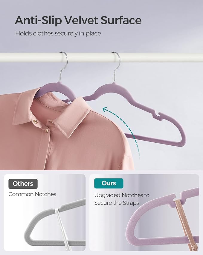 SONGMICS Velvet Hangers 50 Pack, Non-Slip Clothes Hangers, Suit Hangers with Shoulder Notches, Pants Bar, 360° Swivel Hook, Space-Saving, for Closet, Lavender Purple UCRF029GP05