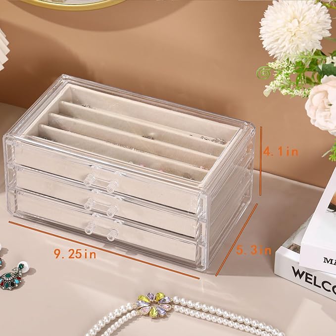3 Drawers Necklace Organizer Box, Tray with DIY Clear Lid, Dustproof Velvet Necklaces Holder Storage Display Case, Necklace Tray Drawer Insert for Pendant Suitable for Women and Girls (Beige)