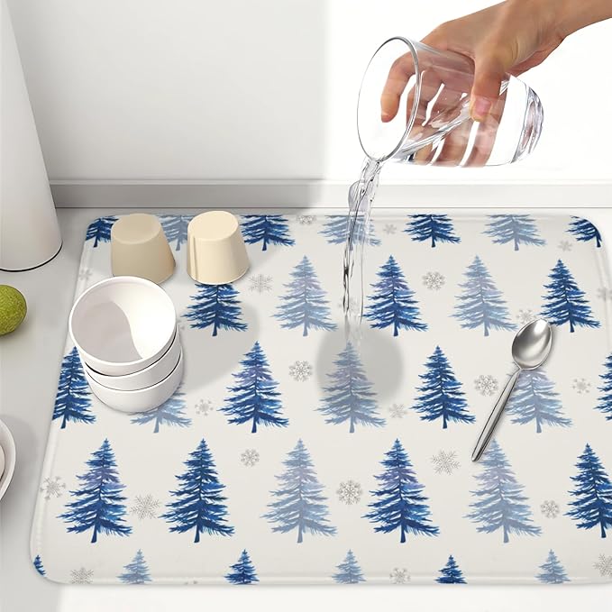 ABSOP Winter Dish Drying Mat 18 x 24 Inch Blue Tree Dish Drying Pad Absorbent Microfiber Mats for Snowflake Dish Rack Pad for Holiday Kitchen Counter Coffee Bar Decor